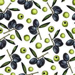 Vector seamless pattern of olive. Hand drawn colored engraved art. Healthy beauty hair nutrition.