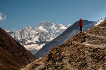 Fototapeta na wymiar Trekker on Manaslu circuit trek in Nepal