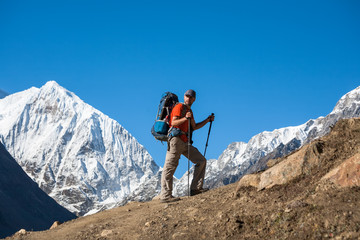 Trekker on Manaslu circuit trek in Nepal