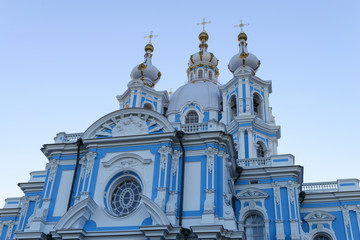 Fototapeta na wymiar Smolny Cathedral on a clear day, view from below
