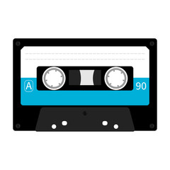 Plastic audio tape cassette. Retro music icon. Recording element. 80s 90s years. Blue color template. Flat design. White background. Isolated.