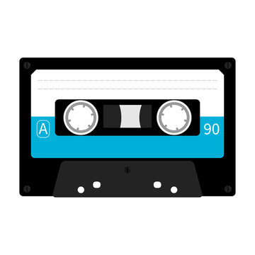 Plastic audio tape cassette. Retro music icon. Recording element. 80s 90s years. Blue color template. Flat design. White background. Isolated.