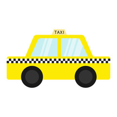 Taxi car cab icon. Cartoon transportation collection. Yellow taxicab. Checker line, light sign. New York symbol. Isolated. White background.
