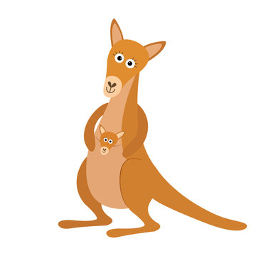 Kangaroo mom with baby in the pocket pouch. Cute cartoon character. Australia marsupial animal. Education card for kids. Flat design. White background. Isolated.