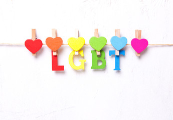 The word LGBT from multicolored letters on a white background