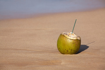 Открытый плод кокоса лежит на песке.