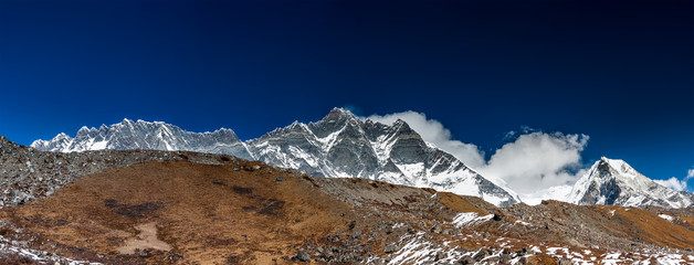 Panorama of the Khumbu valley in Nepal with Lhotse mount