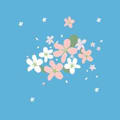Fototapeta na wymiar Flowers and petals on turquoise background. Vector