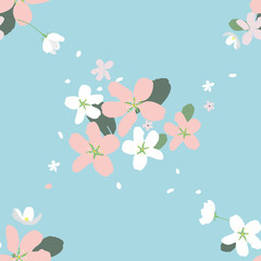 Seamless pattern with large flowers of Apple trees on the pale blue background. Spring light airy texture for textiles, Wallpaper, and various designs. vector