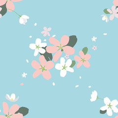 Fototapeta premium Seamless pattern with large flowers of Apple trees on the pale blue background. Spring light airy texture for textiles, Wallpaper, and various designs. vector