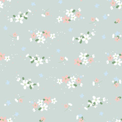 Seamless pattern with small flowers on a gray background. Spring light airy texture for Wallpaper, interior, tiles, textiles, scrapbooking, packaging and various types of design. vector.