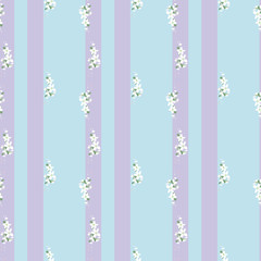 Seamless pattern with white flowers and vertical stripes on a blue background. Spring light airy texture. vector.