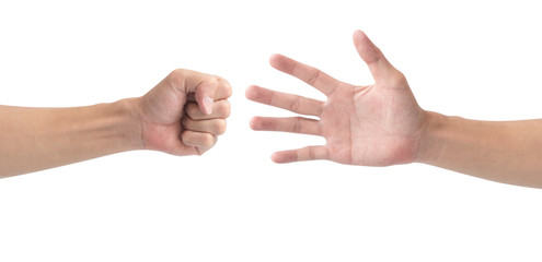 Man hand playing rock paper scissors isolate on white background