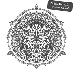 Outline Mandala for coloring book. Decorative round ornament. Anti-stress therapy pattern. Weave design element. Yoga logo, background for meditation poster. Unusual flower shape. Oriental vector.