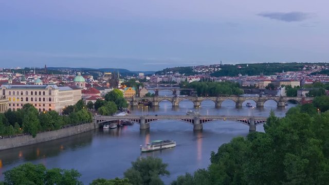 Zoom out timelapse of evening Prague