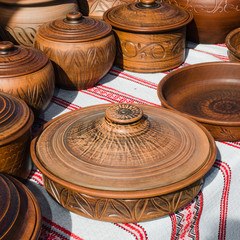 Empty Pottery Crockery in Rustic Style.