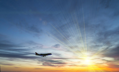 The plane flies in the sky against the background of clouds