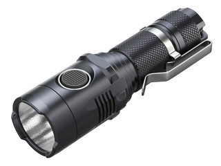 Black modern LED tactical flashlight isolated on white background