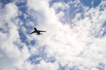 The plane flies in the sky against the background of clouds
