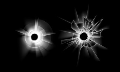 Vector Set of Transparent Crack Broken Glass Window with two Bullet Holes Close up Isolated on Dark Black Background