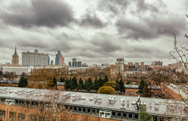 MOSCOW, RUSSIA - APRIL 8, 2017: View from the roof to the building of the Russian Government House in cloudy weather