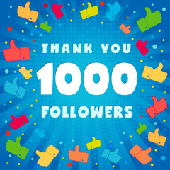1000 thank you followers. 1000 followers vector illustration with thank you on pattern of colored likes