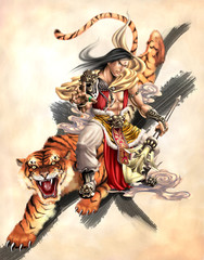 digital illustration of ancient chinese fantasy game character male dress in armor with crouching tiger in background 