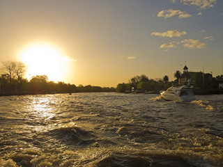 Yacht on El Tigre delta , El Rio de la Plata. El Tigre Delta. Argentina