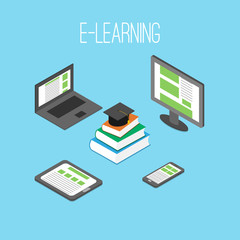 Isometric scene with books, laptop, smart phone, tablet. E-learning concept.