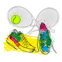 illustraton of drawing isolated objects sneakers withtennis racquet and ball. Hand drawn and doodle footwear for logo.