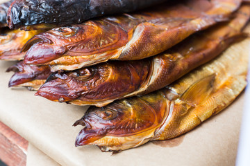 Seafood, trout fish grilled at barbecue