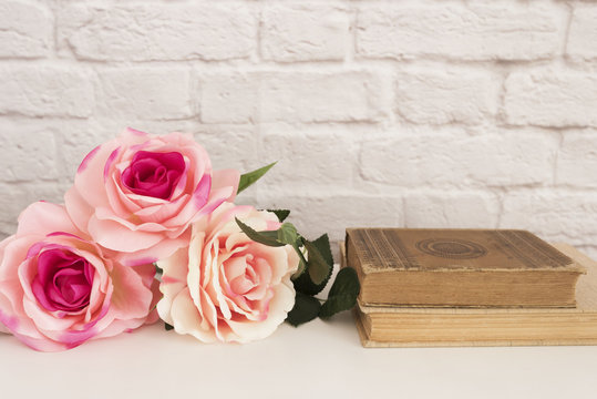 Pink Rose Mock Up. Styled Stock Photography. Floral Frame, Styled Wall Mock Up. Rose Flower Mockup, Old Books, Valentine Mothers Day Card, Giftcard, White Desk Mockup