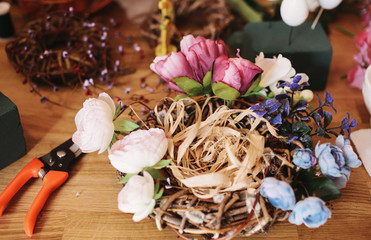 Easter decor on the workshop for diy wreath