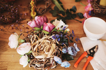 Easter decor on the workshop for diy wreath
