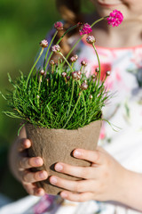 small girl holding a flower pot