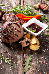Beef steak on woode table, Fresh grilled steak with vegetable