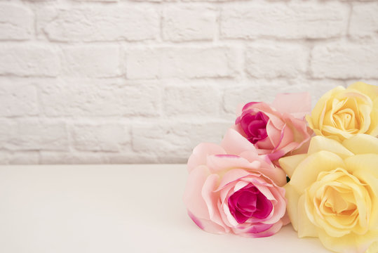 Pink Rose Mock Up. Styled Stock Photography. Floral Frame, Styled Wall Mock Up. Rose Flower Mockup, Valentine Mothers Day Card, Giftcard, White Desk Mockup