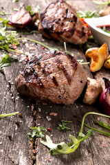 Beef steak on woode table, Fresh grilled steak with vegetable