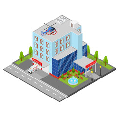 Hospital Building Isometric View. Vector