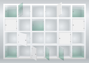 Shelves and drawers with doors of their glass or plywood. Cloakroom or storage of things. Vector graphics