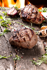 Beef steak on woode table, Fresh grilled steak with vegetable