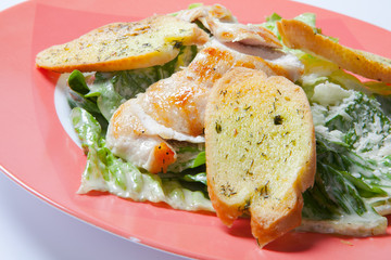 Caesar salad plate with cheese and garlic bread