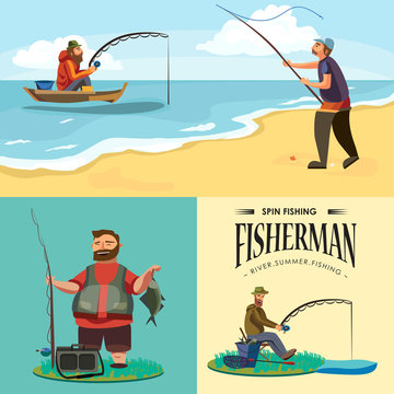 Flat fisherman hat sits on shore with fishing rod in hand and catches bucket and net, Fishman crocheted spin into the water and waiting big fish funny vector illustration, Man active banner concept