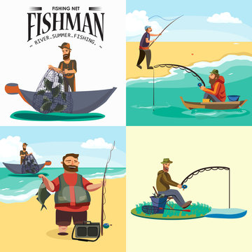 Cartoon fisherman standing in hat and pulls net on boat out of sea, happy fishman holds fish catch and spin vecor illustration fisher threw fishing rod into water concept, man active hobby character