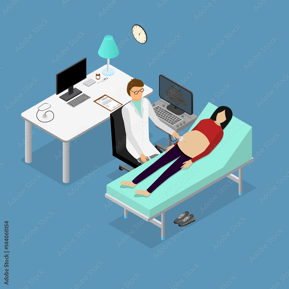 Poster Pregnancy Woman and Doctor with Ultrasound Appointment Isometric View. Vector