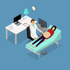Pregnancy Woman and Doctor with Ultrasound Appointment Isometric View. Vector