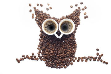 Owl made of coffee beans over white background