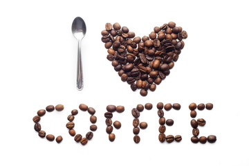 Word coffee made of beans over white background