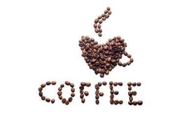 Word coffee made of beans over white background