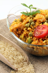 Chicken tikka masala spicy curry meat food with rice